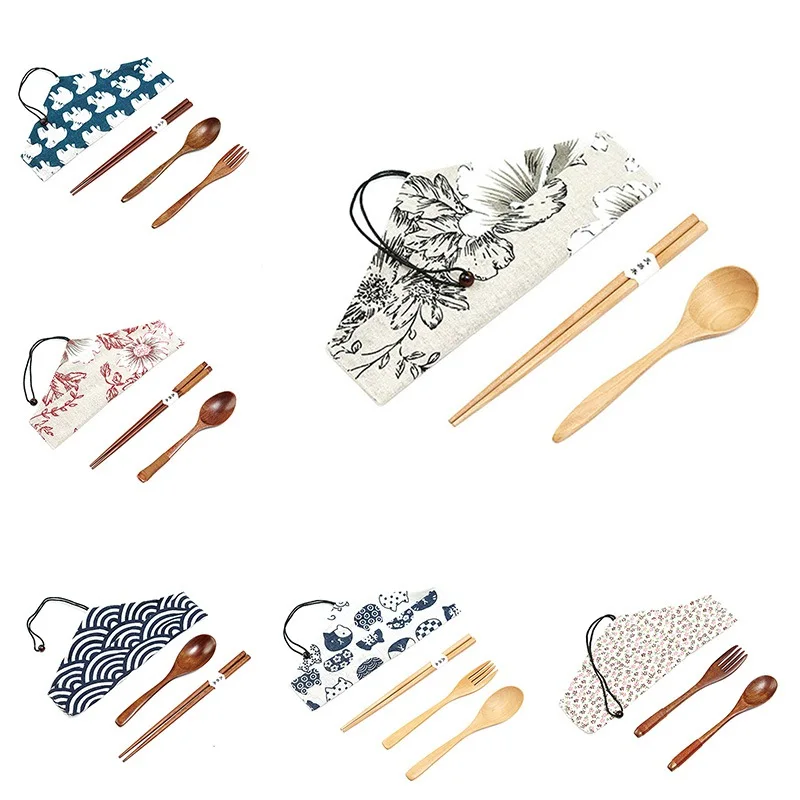 

Japanese Style Travel Tableware Set Personal Bamboo Cutlery Set Portable Zero Waste Outdoor Utensils Wood Spoon Fork with Bag