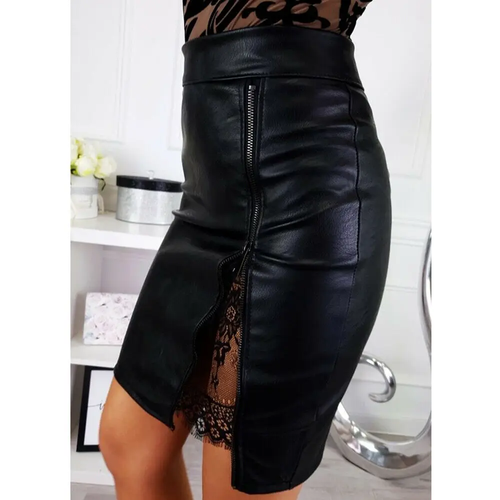 Привлекательная Офисная Женская юбка из искусственной кожи на молнии с разрезом