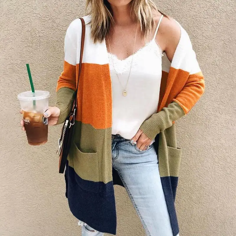 

Casual Long Knitted Cardigan Women Tops Mujer Vintage Loose Sweater Striped Colorblock Cardigan Korean Fashion Clothes