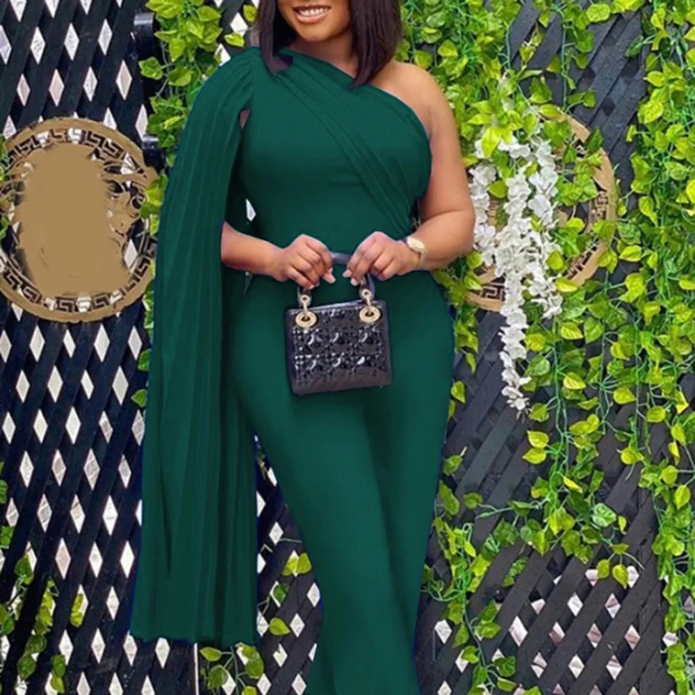 

Женские комбинезоны на одно плечо, зеленые элегантные плиссированные Длинные вечерние комбинезоны с высокой талией для вечеринки, Новинка