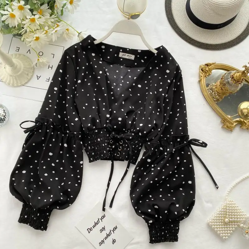 Polka Dot Short Women Blouses and Tops Sexy V Neck Bandage Chic 2020 Puff Sleeve Shirts Spring Korean Blusas 13627 | Женская одежда