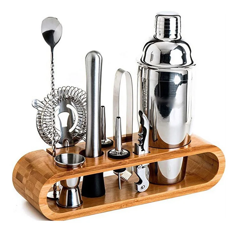 

10pcs 750ml Stainless Steel Bar Cocktail Shaker Set Barware Tools Shaker Sets With Wooden Rack Home Drink Party Accessories