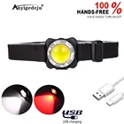 Мощный налобный фонарь с зарядкой от USB, светодиодный налобный фонарь с COB матрицей и встроенным аккумулятором, водонепроницаемый налобный фонарь, белый и красный свет