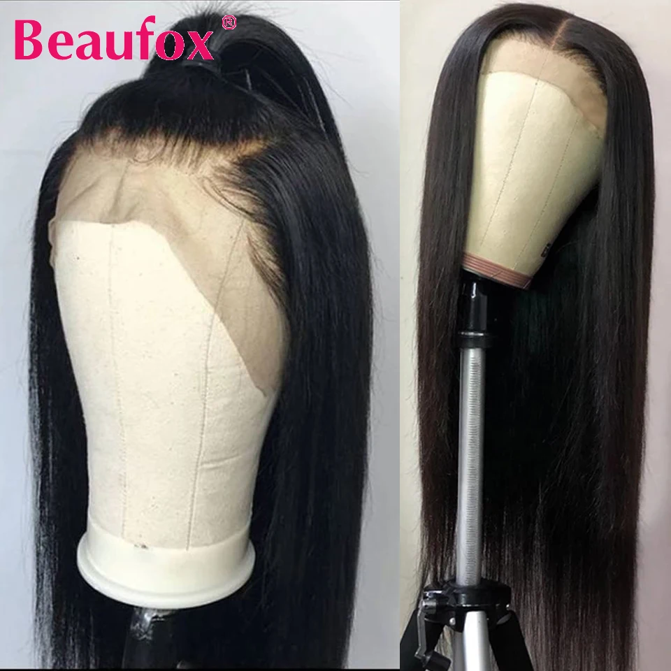 Beaufox 13x4 человеческие волосы на кружеве, парики для черных женщин, Бразильская прямая шнуровка, парики 150%, предварительно выщипанные натуральные волосы Remy