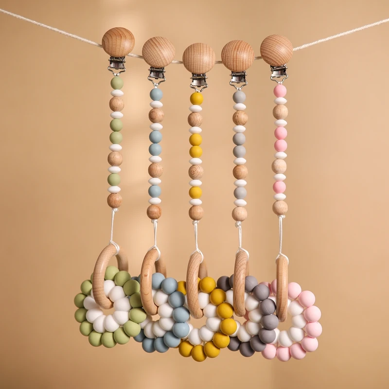 

Let's Make Newborn Baby Girl Boy Shower Gift Infant Pacifier Clips and Beech Wooden Flower Teether Bracelet