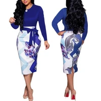 70 hot sell fashion women wavy stripe floral long sleeve belted bodycon knee length dress