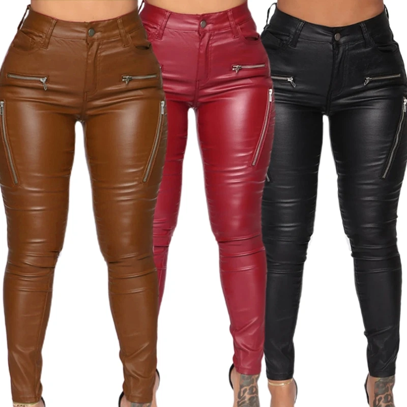 

Women Sexy Artificial Leather Stretch Skinny Pants Mid Rise Solid Color Leggings Fake Zipper Detail Tight Pencil Trousers Clubwe