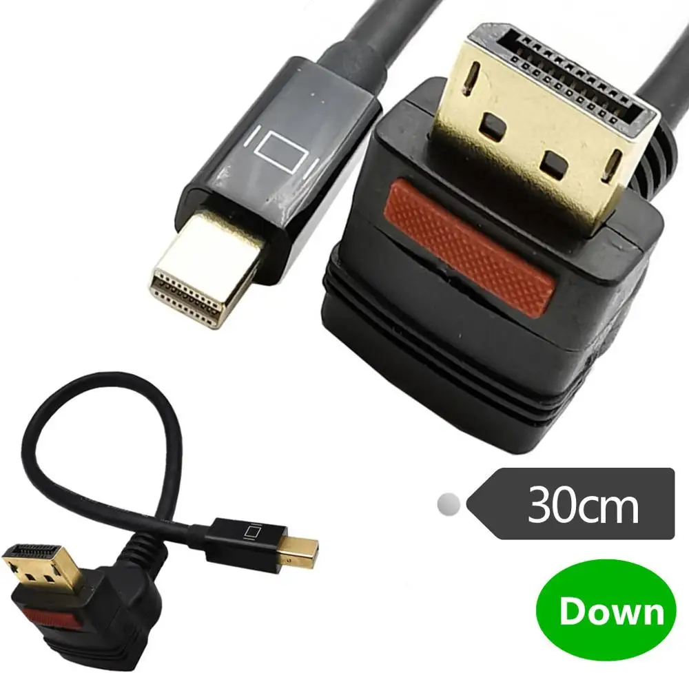 

DisplayPort 90° Angle Male with Connector clasp control button to Mini DisplayPort Male Video Cable Adapter - .0.3M