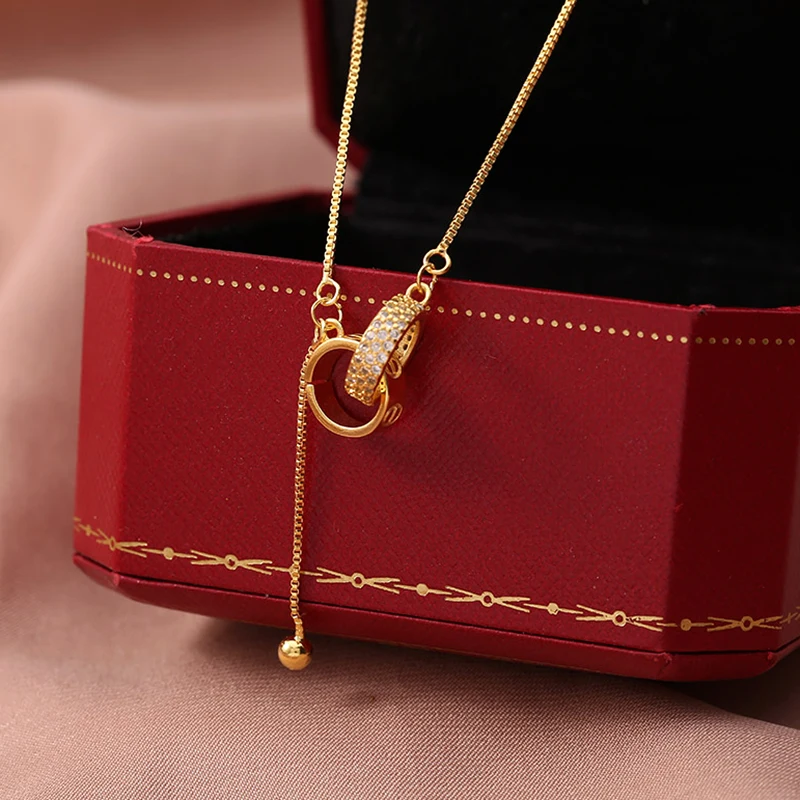 

Женское колье с двойной пряжкой, модное ожерелье из настоящего золота 14 к с кристаллами, Ювелирное Украшение с кулоном из циркония класса АА...