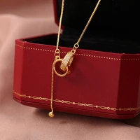 trendy 14k real gold plated round shape double ring buckle crystal chain necklace for women jewelry pendant bling aaa zircon hot