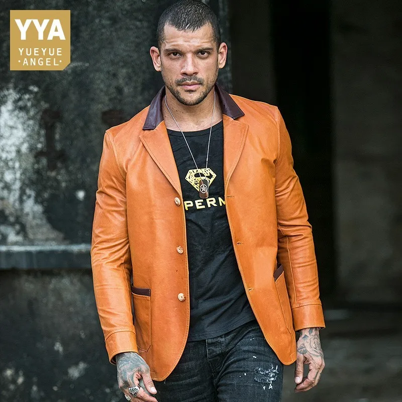 Мужская облегающая куртка из натуральной кожи с длинным рукавом и