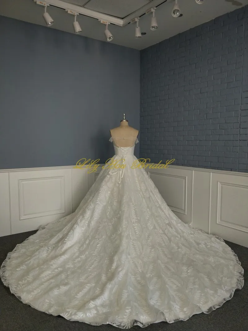 Princess Sequined Leaf Shaped Lace Wedding Dress Off the Shoulder Pearls Embellished Bridal Gown with Lace up Back