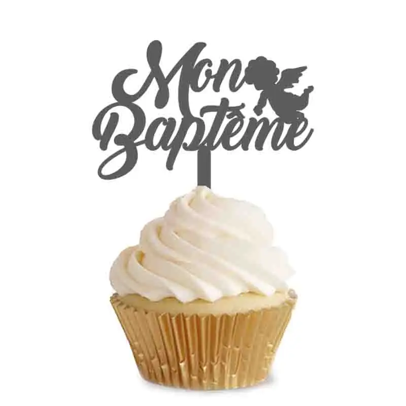 

2 Pieces 12x12cm French Mon Baptême Cupcake Topper For Baptism Party Cupcake Decoration