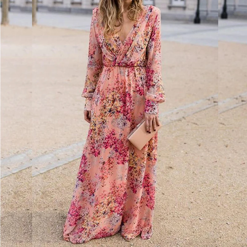 

Summer Women Long Sleeve Maxi Dress Sexy Deep V-Neck Floral Print Pink Long Dress Woman Fashion Wiggle Beach Dresses Robe Longue