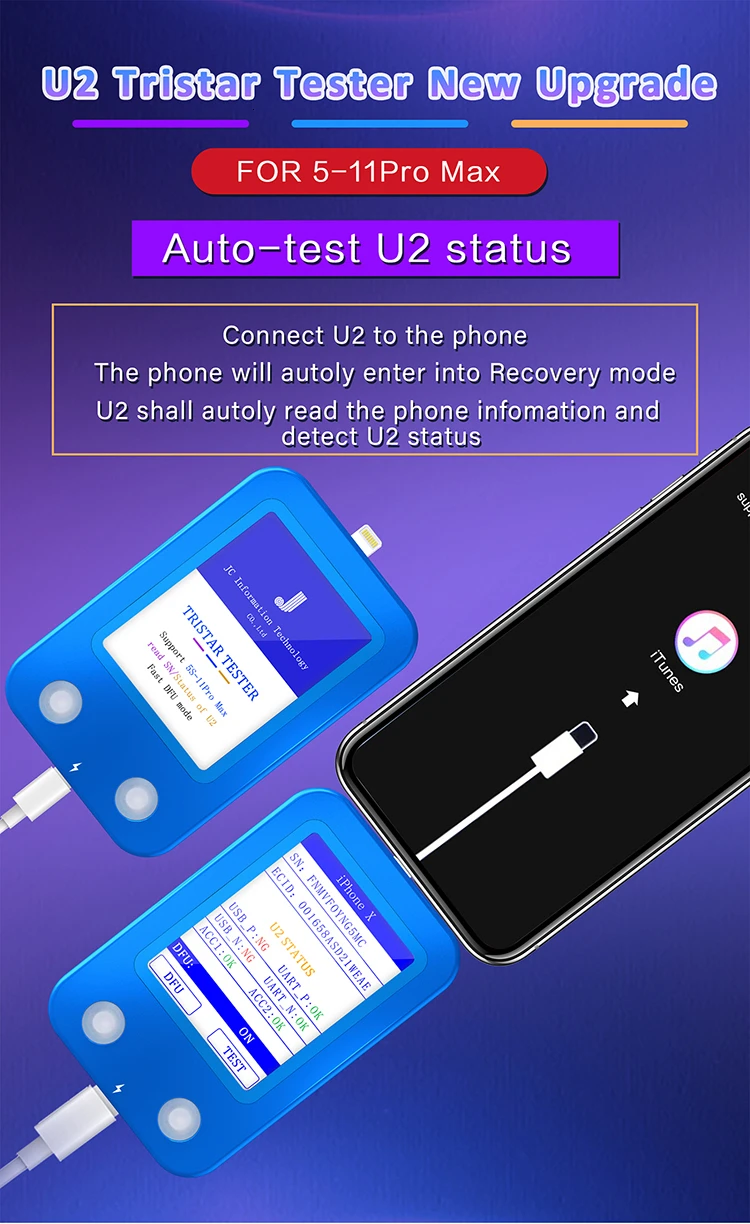 Цифровой тестер JC U2 прибор для проверки повреждений с новым обновлением IPhone U2Charge