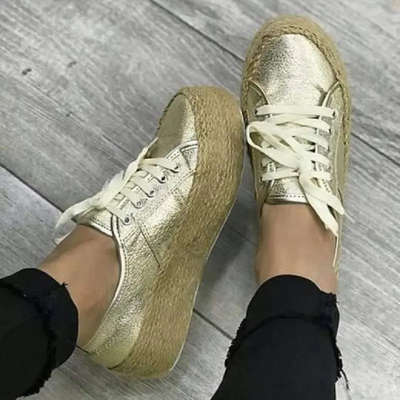 Women Flat Platform Shoes Lace-up Gold Creepers No-slip Sneakers Thick Bottom Flats Ladies Walking Plus Size 43 AEZLZ358 | Обувь