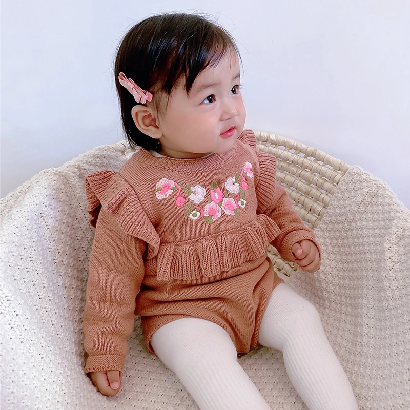 

Newborn Baby Girl Knit Romper 2021 Baby Girls Boys Knitted Rompers Infant Baby Embroidered Ruffle Sweater Jumpsuit Twins Clothes
