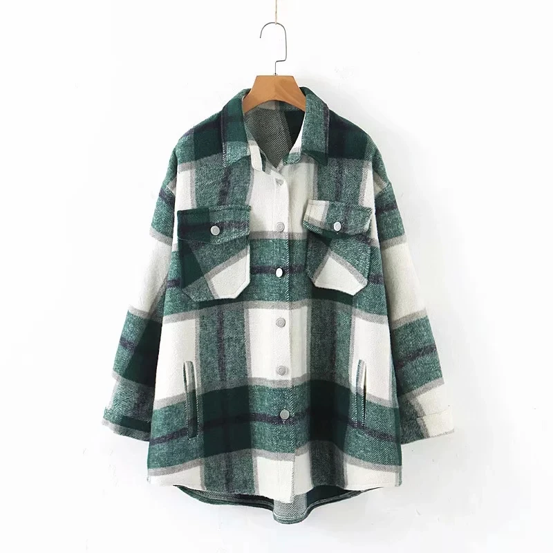

Pop autumn winter Women's plaid woolen shirt Plus tweed thick coat Warm Outwear Vintage Oversize Coats female shirtwear