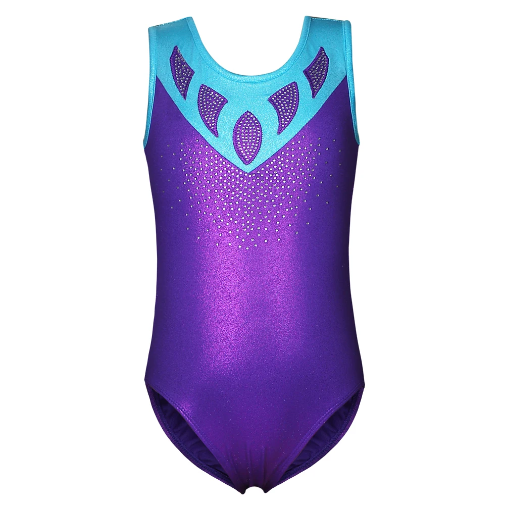 Гимнастическое трико для девушек блестящее слитное элегантное фиолетовое