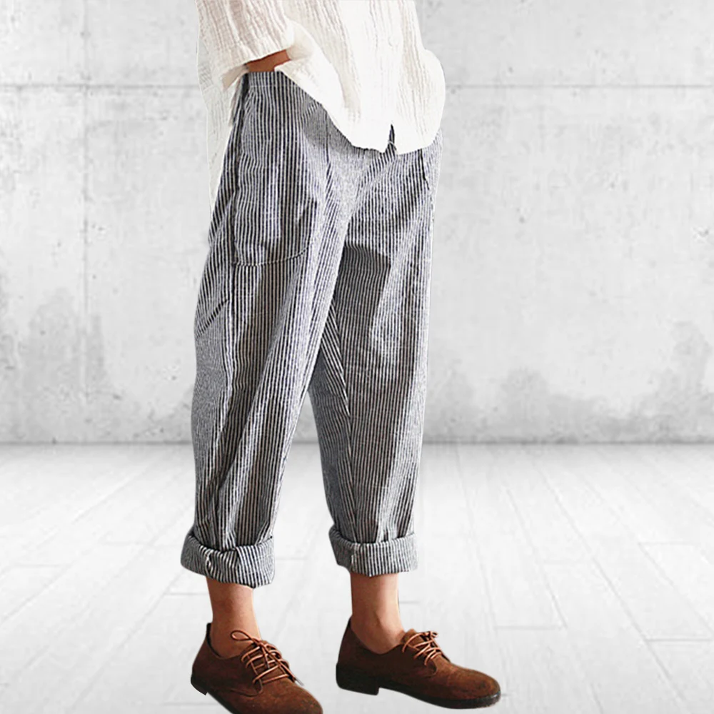 Женские брюки в полоску размера плюс свободные длинные шаровары с эластичным
