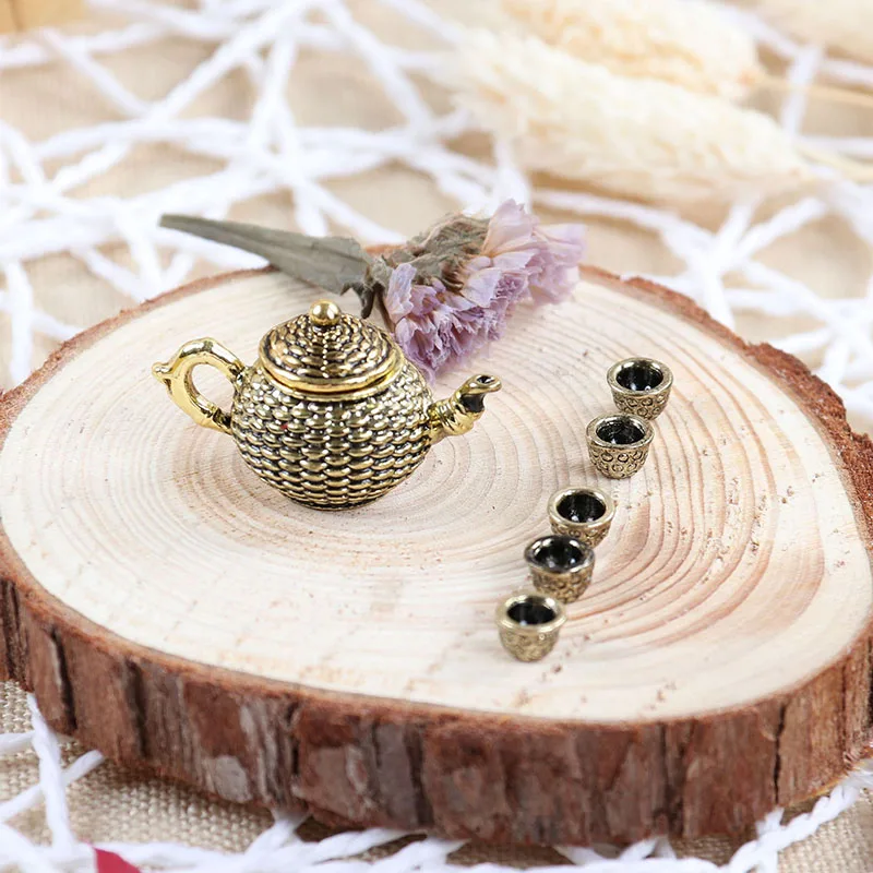 

1: 12 Dollhouse Furniture Miniature Teapot Cup Plate 1 teapot with lid+ 5Cups Dining Ware Toy Metal Tea Simulation toy Set
