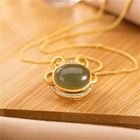 

Original S925 Sterling Silver Natural Hetian Jade Gray Jade Personality Ruyi Retro Gilding Temperament Ladies' Pendant Sets of