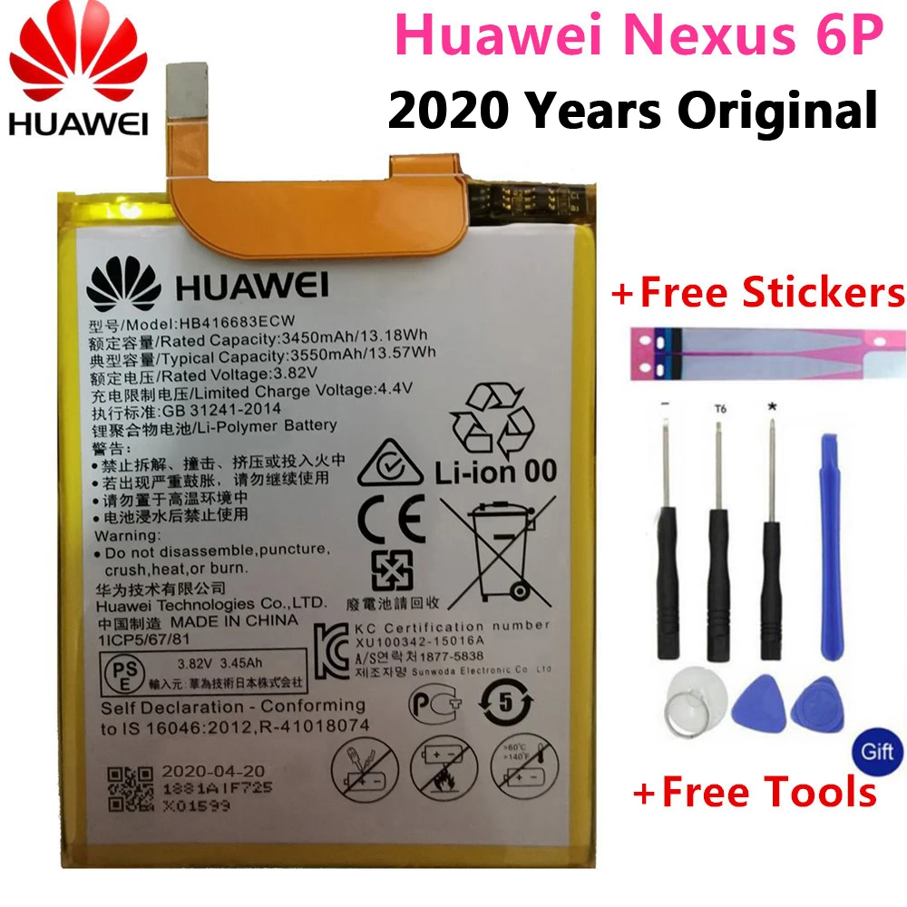 

Аккумулятор HB416683ECW для Huawei Nexus 6P, 2020 мАч, 100% оригинальный, перезаряжаемый, для телефона, бесплатные инструменты