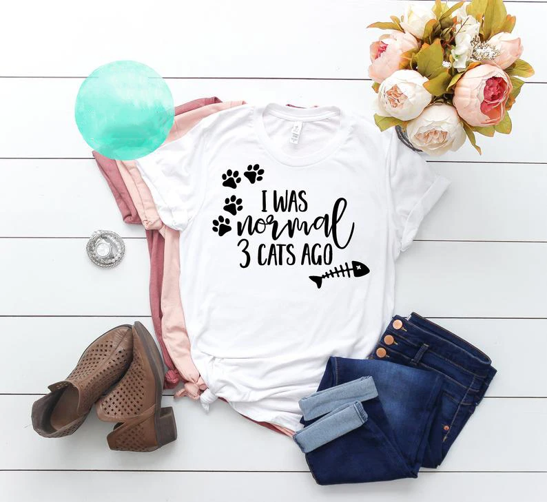 

I Was Normal 3 Cats Ago Fashion Mom Mama Tshirt Plus Size Harajuku Women Shirt Cotton Round Neck Funny Letter Short Sleeve Tees