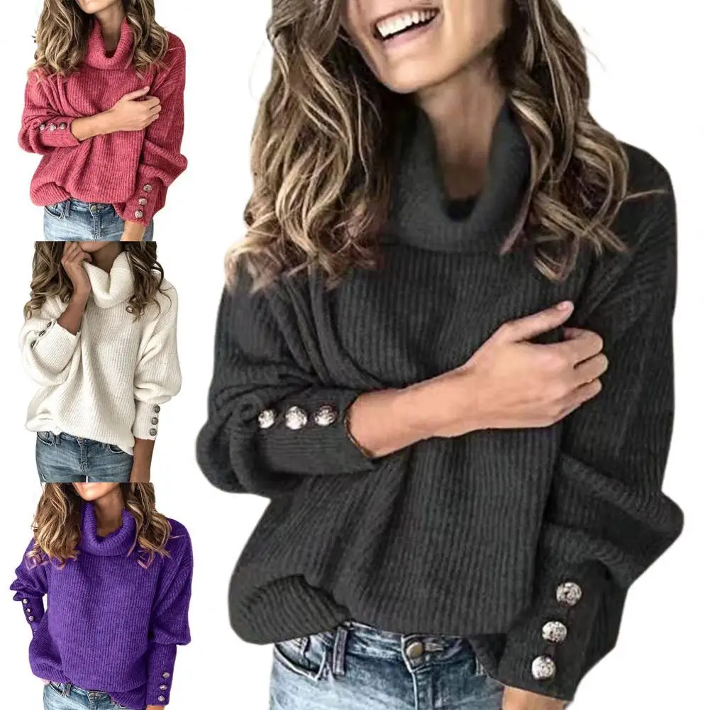 

Solid Color Long Sleeve Knitted Sweater Autumn Winter Turtleneck Buttons Cuff Women Pullover Sweater Ladies Clothing