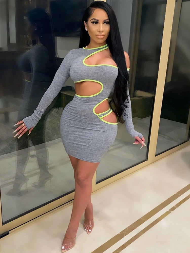 

Весеннее женское сексуальное облегающее платье-мини с вырезами, обтягивающее платье с длинным рукавом и открытым плечом, вечерние Клубные ...