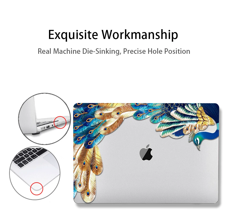 MTT Хрустальный чехол с перьями для Macbook Air Pro retina 11 12 13 15 дюймов с сенсорной панелью с принтом павлина Твердый Чехол 13,3 ''чехол для ноутбука