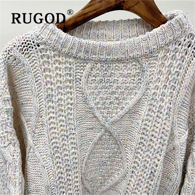 Женский вязаный свитер RUGOD однотонный теплый пуловер с круглым вырезом и узором в