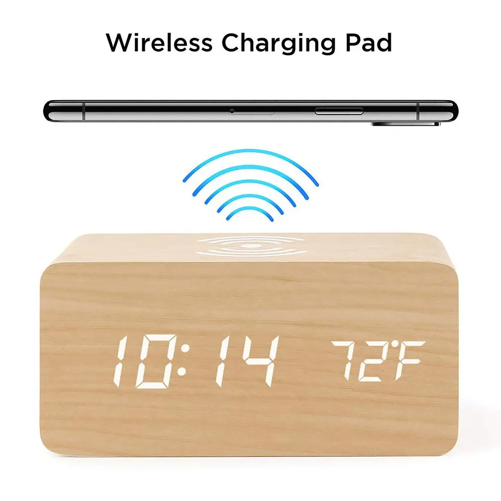 LED Digital Clock Wooden Alarm Table Voice Control Electronic Desktop With Wireless Charging | Дом и сад