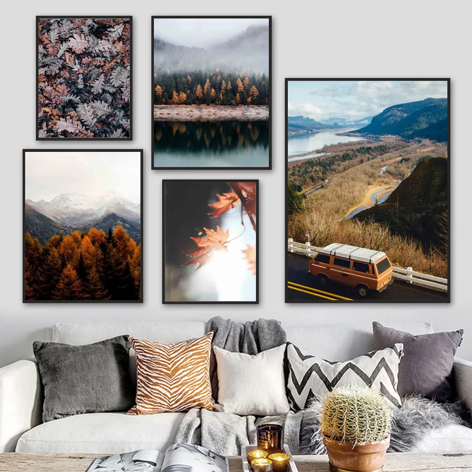 

Mountain Forest Maple Leaf Lake Grass Van Wall Art Canvas Painting Nordic Posters And Prints Wall Pictures For Living Room Decor