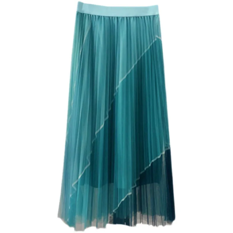 

Fashion Summer casual contrast color mesh skirt for womens high waist color-blocking Pleated skirt midi a-line pleated skirt