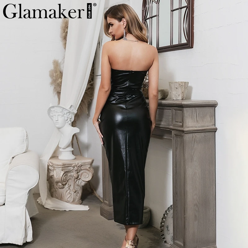 Glamaker, без бретелек, сексуальное, элегантное, миди платье, для женщин, искусственная кожа, облегающее, с высоким разрезом, вечернее платье, осень, для клуба, черное, длинное, зимнее