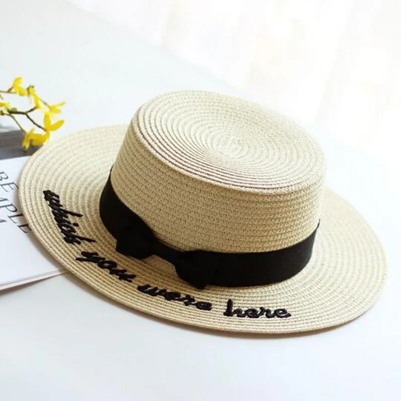 New Summer Sun Hats Women Fashion Girl Straw Hat Ribbon Bow Beach Casual Flat Top Panama Bone Feminino | Аксессуары для одежды