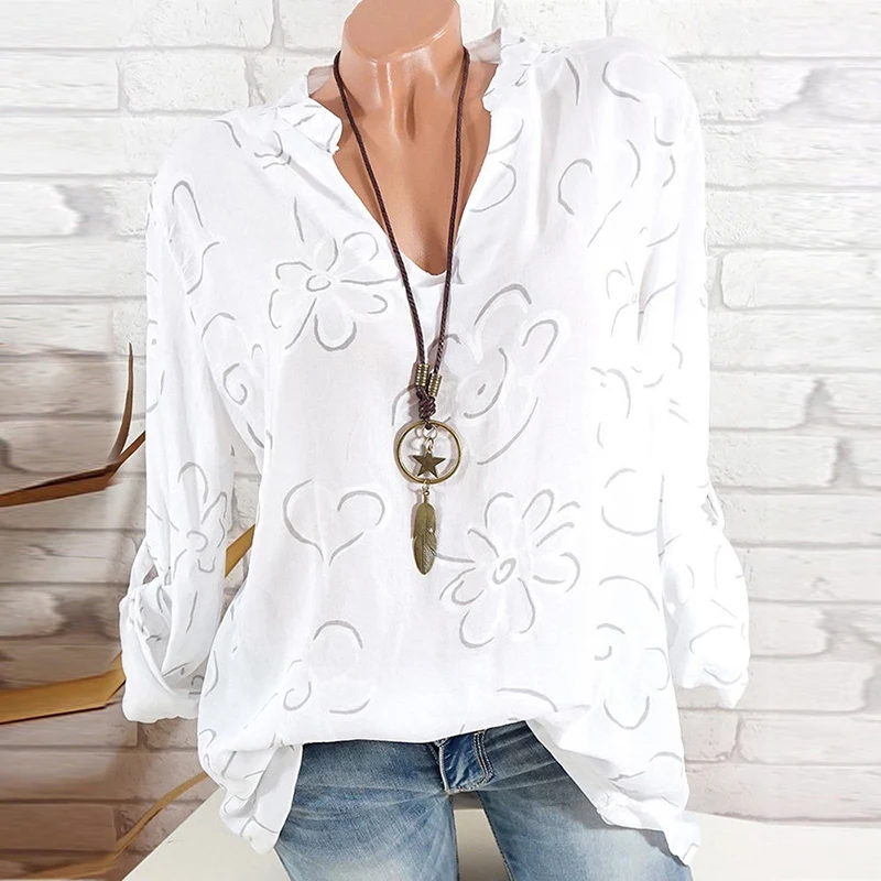 

Droppshiping Fashion Newly 2019 Hot Sales Women V Neck Loose Printing Long Sleeve Shirt Blouse Fashion Top for Party Beach d88