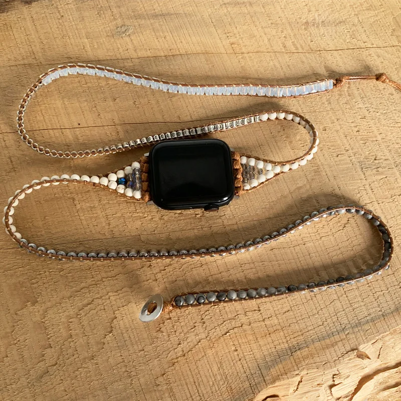 OAIITE WatchBand Natural Stone Strap Bracelet For Apple Watch Vintage Woven Rope Strand Wrap Bracelets for Women Men Gift