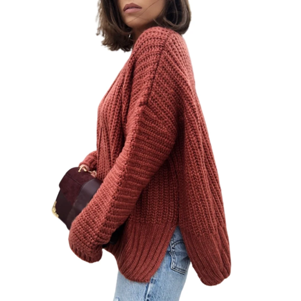 

Woman's Fashion 2020 Sweaters Loose Top Winter Clothes Women Long Sleeve Sweaters Solid V-neck Split Pullovers Sweater Female