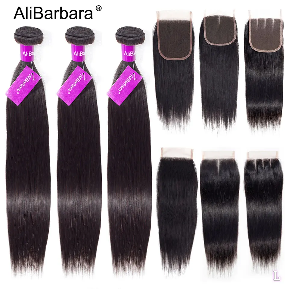 AliBarbara Remy прямые пучки волос с закрытием перуанские человеческих 4x4 | Шиньоны и