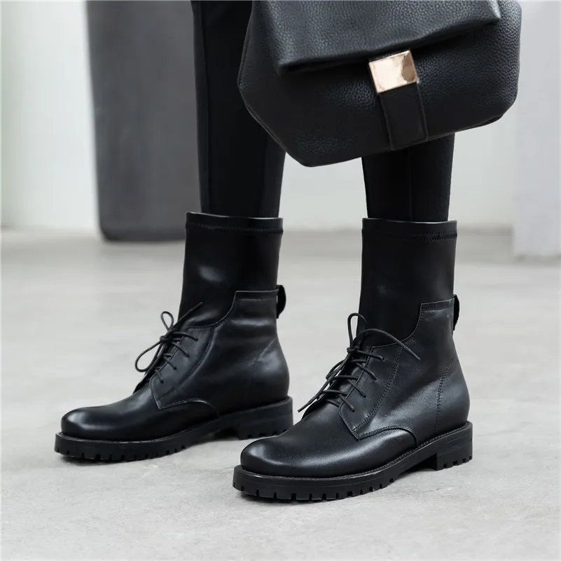 

Meotina Autumn Motorcycle Boots Women Natural Genuine Leather Chain Flat Ankle Boots Buckle Round Toe Shoes Ladies Winter 34-39