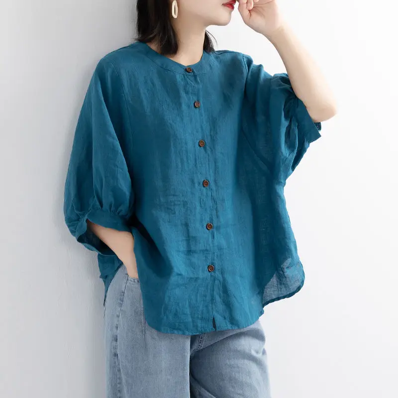 

Lantern sleeve retro literary linen ladies plus size T-shirt summer loose short-sleeved female casual bottoming T-shirt