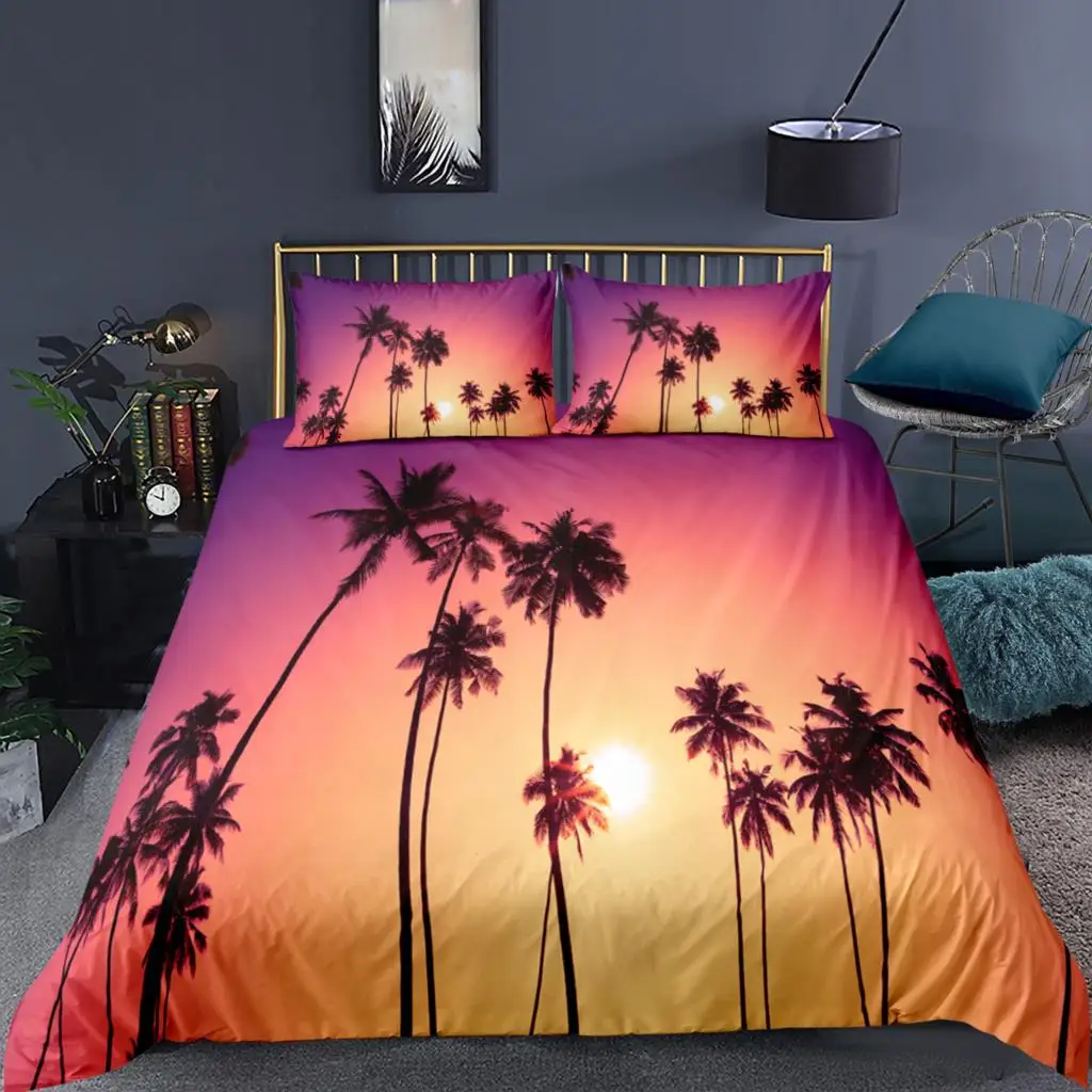 

Plant Printed Duver Cover&Pillowcase 3D Bedding Set Beach&Palm Tree Printed Quilt Cover Soft Home Textiles 2/3 Pcs Single King
