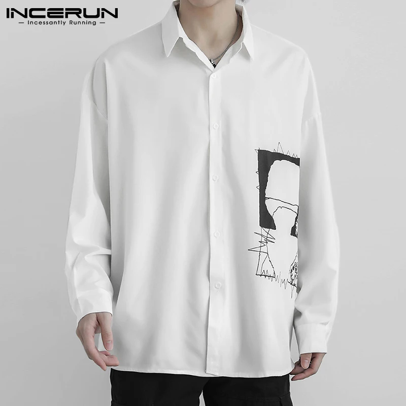 

Men Casual Shirt Printed Long Sleeve 2021 Turn Down Collar Loose Streetwear Leisure Camisa Masculina Korean Shirts S-3XL INCERUN
