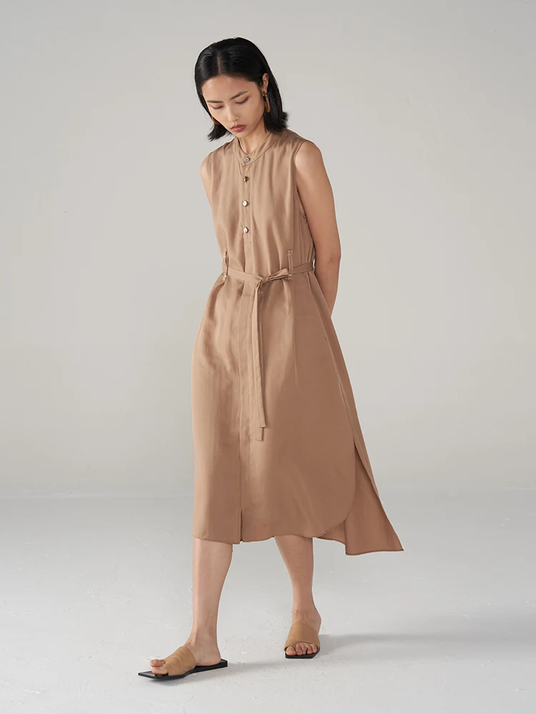 

Ouverey Women Solid Color Maxi Single Breasted Dress with Belt Straight Fit Sleeveless Shirt Dress