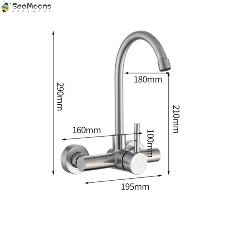 

304 Stainless Steel Kitchen Wall-mounted Sink Faucet Double Hole Rotatable Hot and Cold Dish Sink Dish Sink Tap