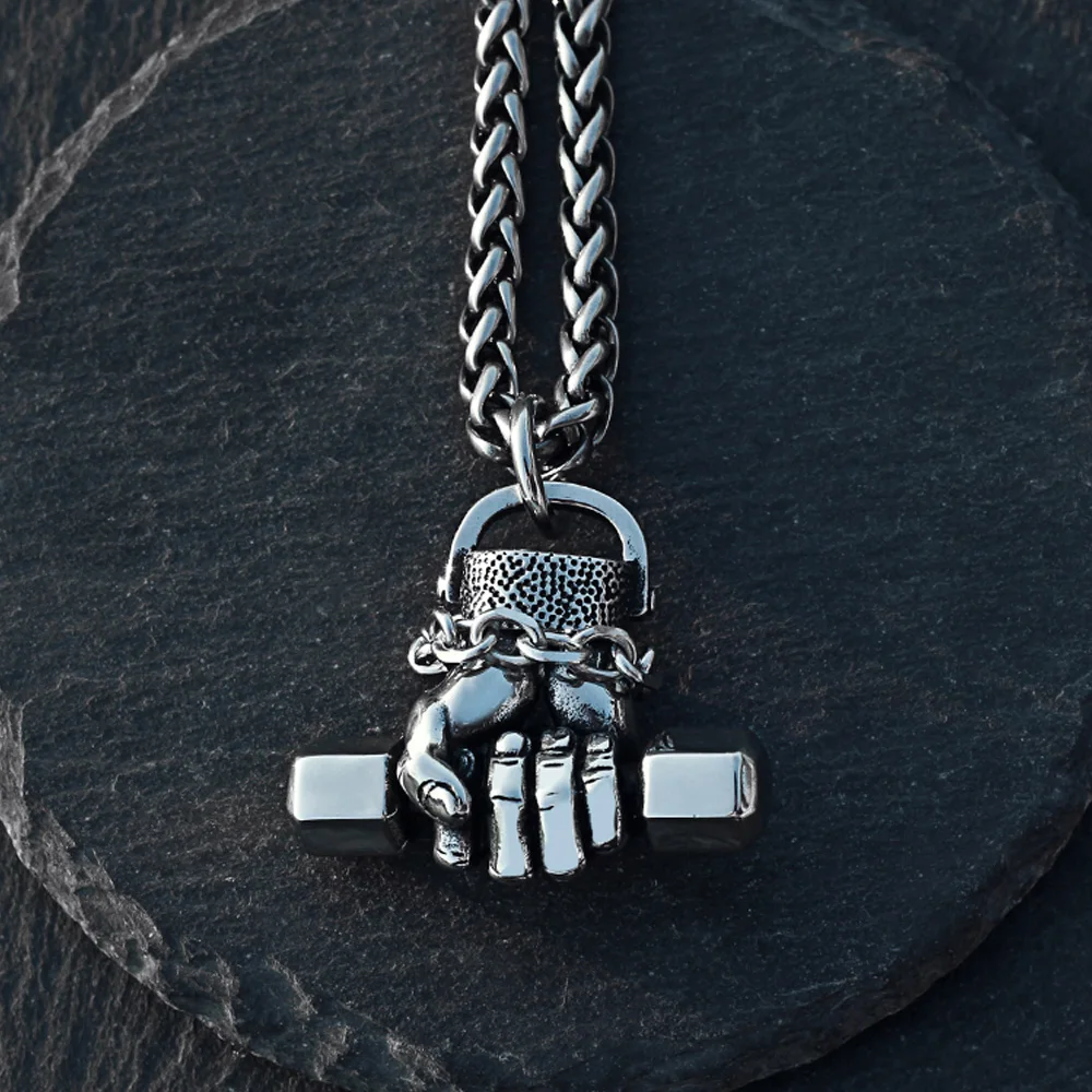 

Punk Hip Hop Fist Dumbbell Pendant Necklace Fashion Cool Nightclub Hippie 316L Stainless Steel Men Necklace Chain Jewelry