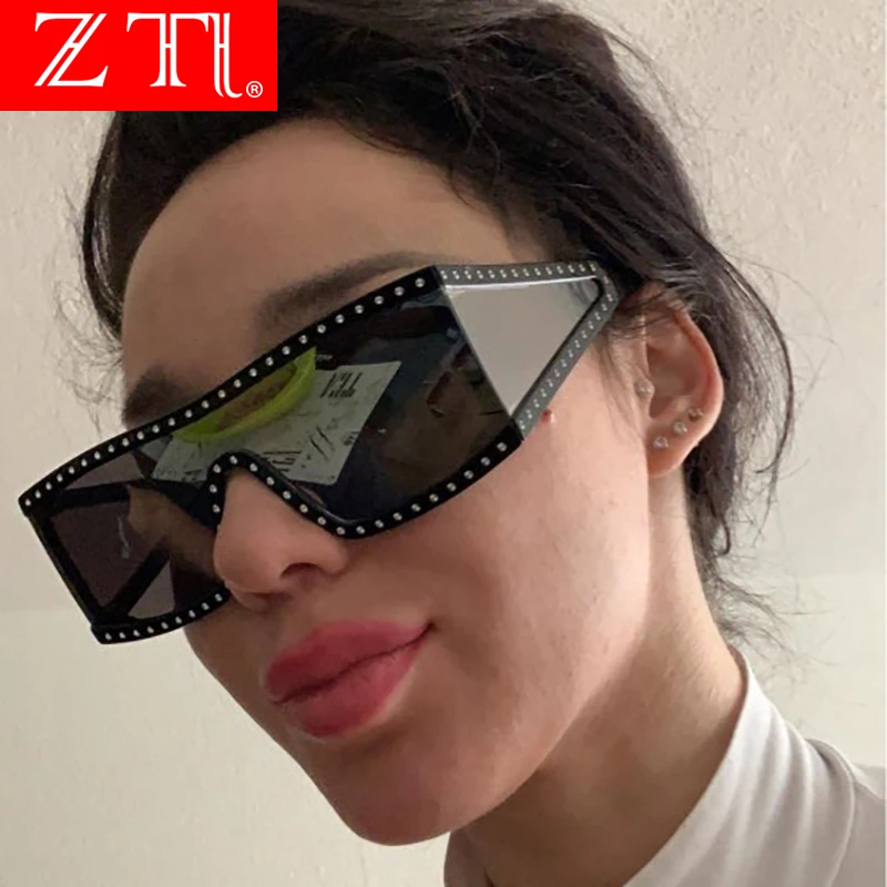 ZT Big Frame Retro Mirror Coating Goggle Sunglasses Women Cool Square Shades Brand Designer Oversize Ins Hot | Аксессуары для
