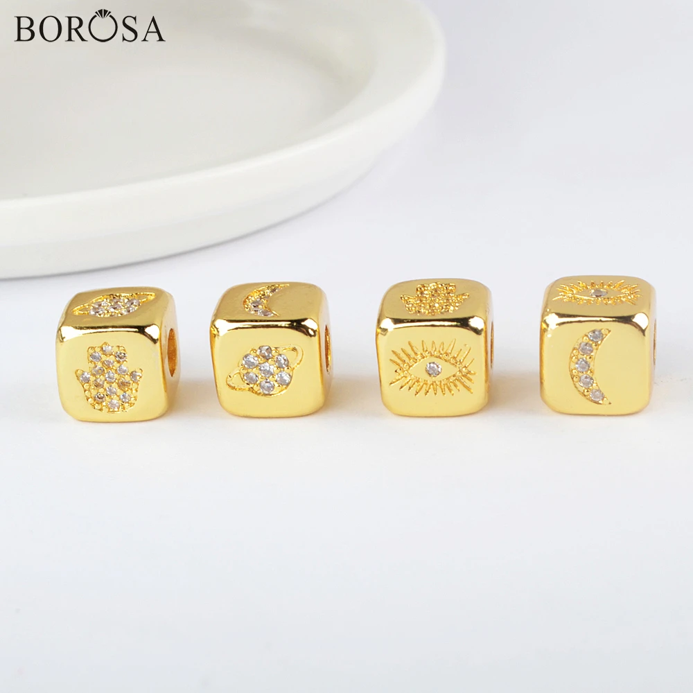 BOROSA Moon Pattern CZ Micro Pave Different Patterns Metal Beads for Jewelry Making Square Shape Gold Bracelets WX1338 | Украшения и